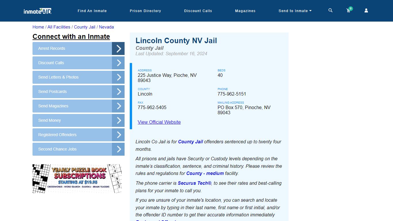 Lincoln County NV Jail - Inmate Locator